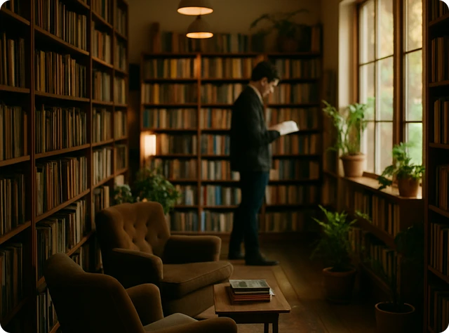 A cozy independent bookstore interior with wooden bookshelves, soft warm lighting, a small reading nook with armchairs, potted plants, and large windows letting in natural light. A person casually browsing books in the background. No signs, labels, or text. Calm, inviting atmosphere, cinematic photography, shallow depth of field focused on the center of the shop.
