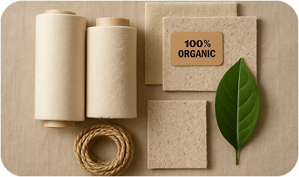 A flat lay photo featuring natural materials used in eco-friendly bag production: organic cotton rolls, pieces of recycled fabric, hemp rope, and a green leaf arranged neatly on a linen surface. Soft natural lighting. A tag or label saying “100% organic” subtly visible. Calm, earthy tone.