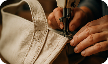 Close-up image of a sturdy tote bag being sewn with visible double stitching on thick organic fabric. The image shows hands of a craftsperson using a sewing machine or stitching manually. Emphasis on texture, seams, and build quality. Background blurred to keep focus on the reinforced construction.