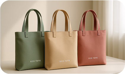 A flat lay photo featuring natural materials used in eco-friendly bag production: organic cotton rolls, pieces of recycled fabric, hemp rope, and a green leaf arranged neatly on a linen surface. Soft natural lighting. A tag or label saying “100% organic” subtly visible. Calm, earthy tone.